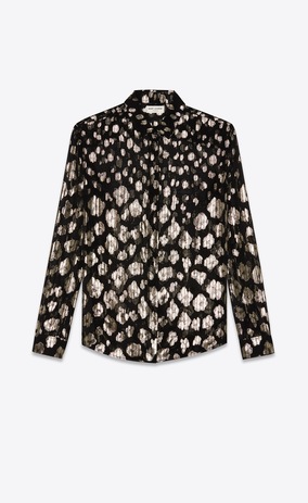 SAINT LAURENT Klassische Hemden Damen Klassische Hemdbluse aus schwarz-gold-silberner Lamé-Seide mit Blumenprint a_V4